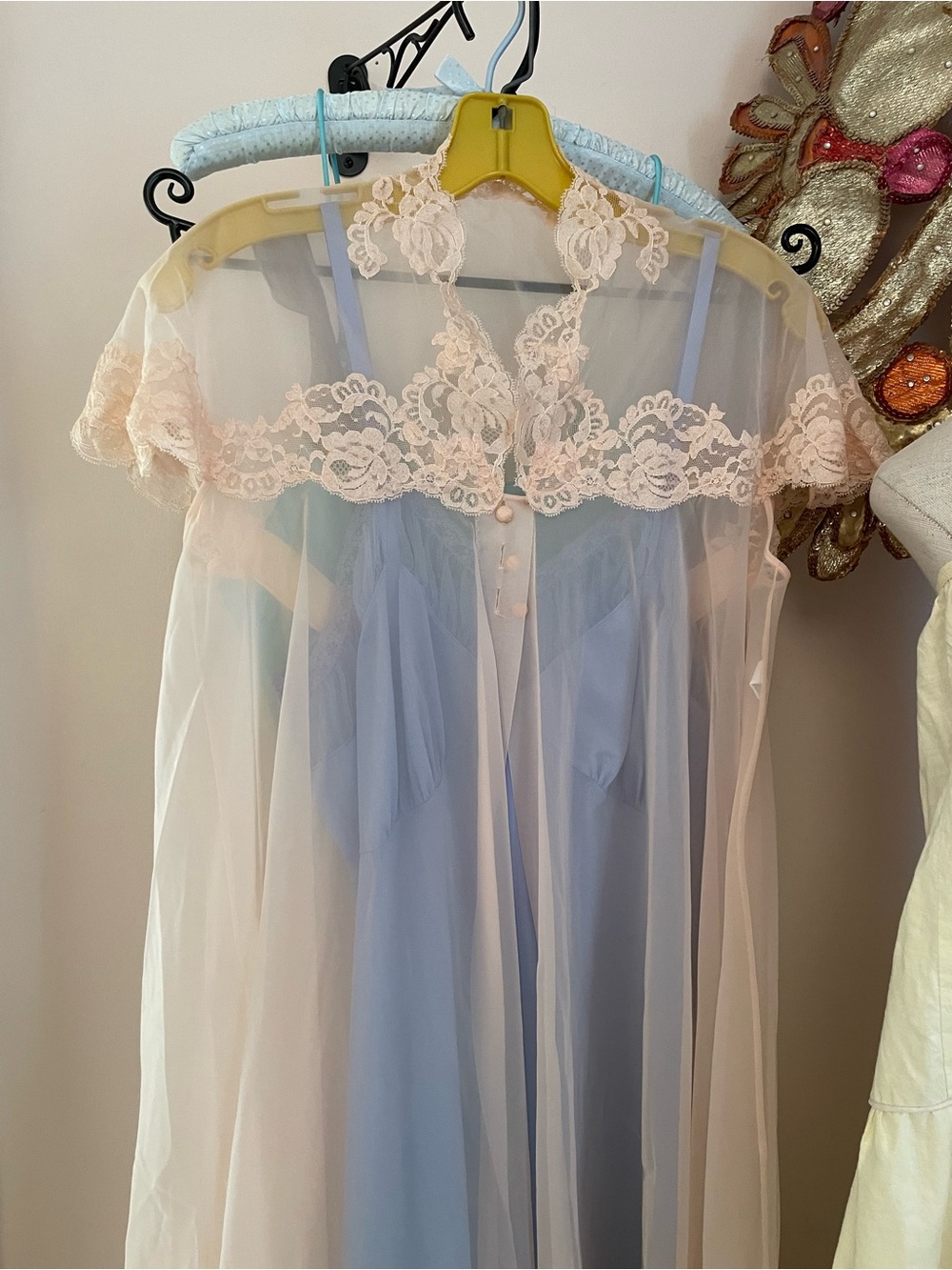 Sheer Lace-Trim Peignoir Robe 1950s Vanity Fair Blush Color Waltz Length